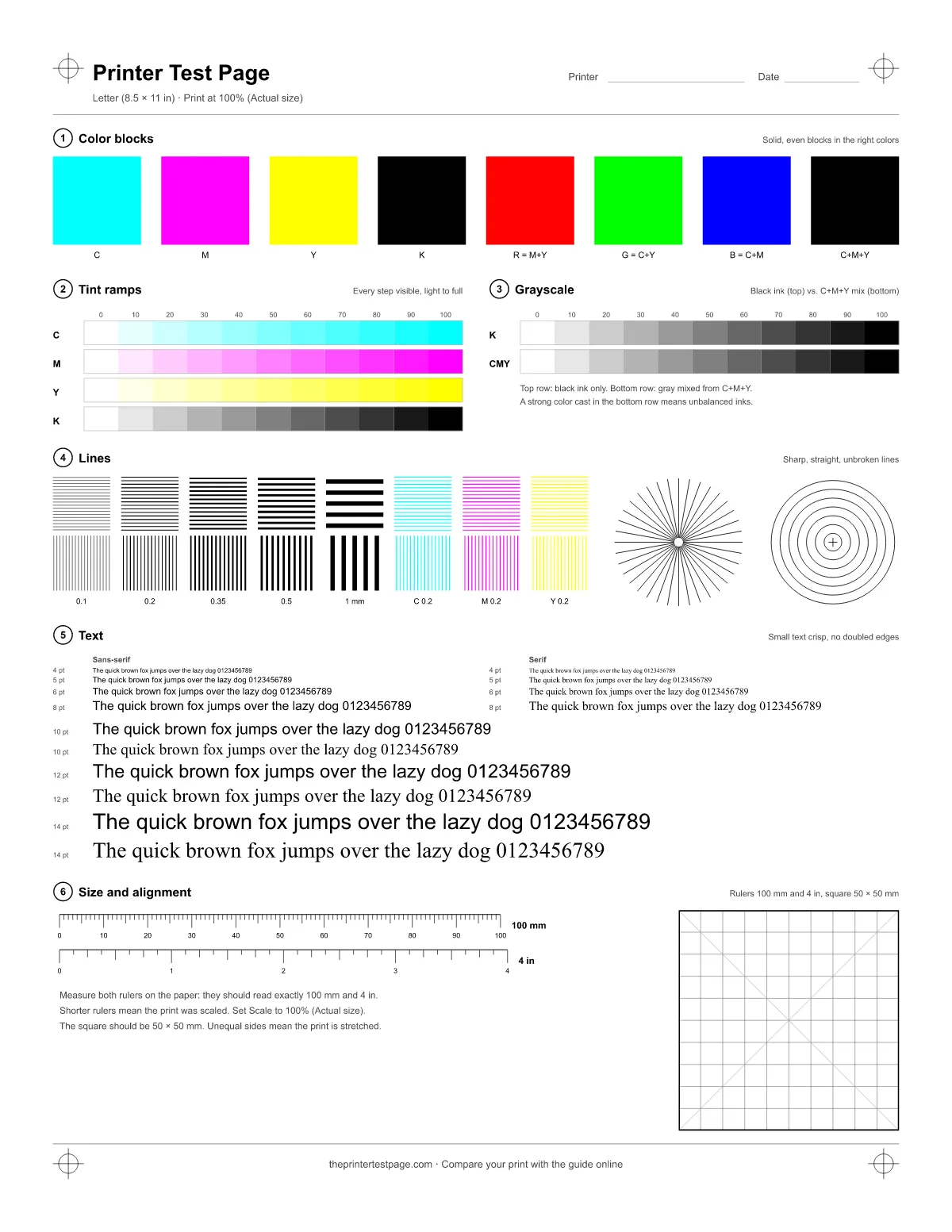 Printer test page with CMYK color blocks, grayscale steps, fine lines and a 100 mm ruler (Letter)